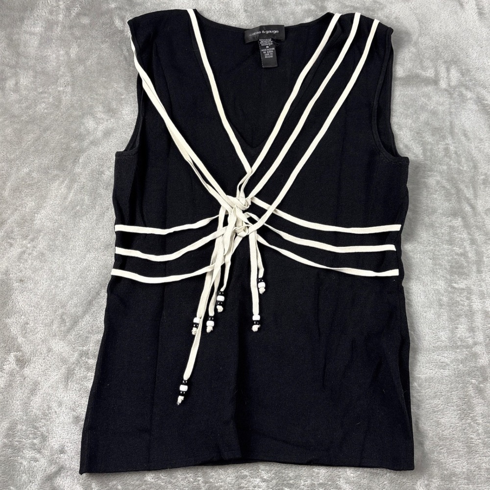 Cable & Gauge Womens Black White Lace Up V-Neck Knit Tank Top Medium RN 94534